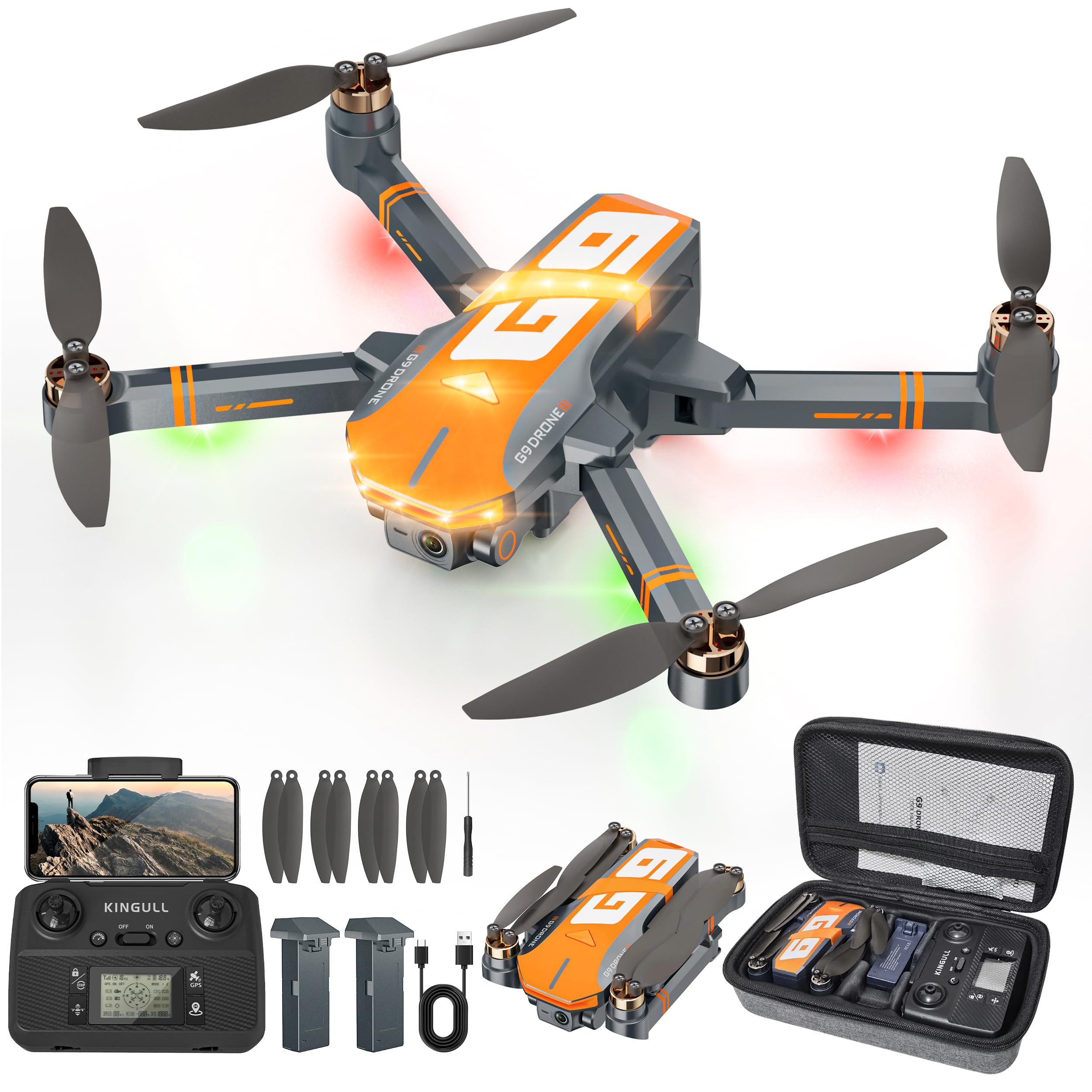 Photo 1 of GPS Drones with 4K Camera for Adults with Brushless Motor and Follow Me Mode,Long Flight Time and Distance,5G FPV Transmission and Auto Return,G9 Foldable RC Quadcopter for Beginner and Kids,Under249g (Dark gray)