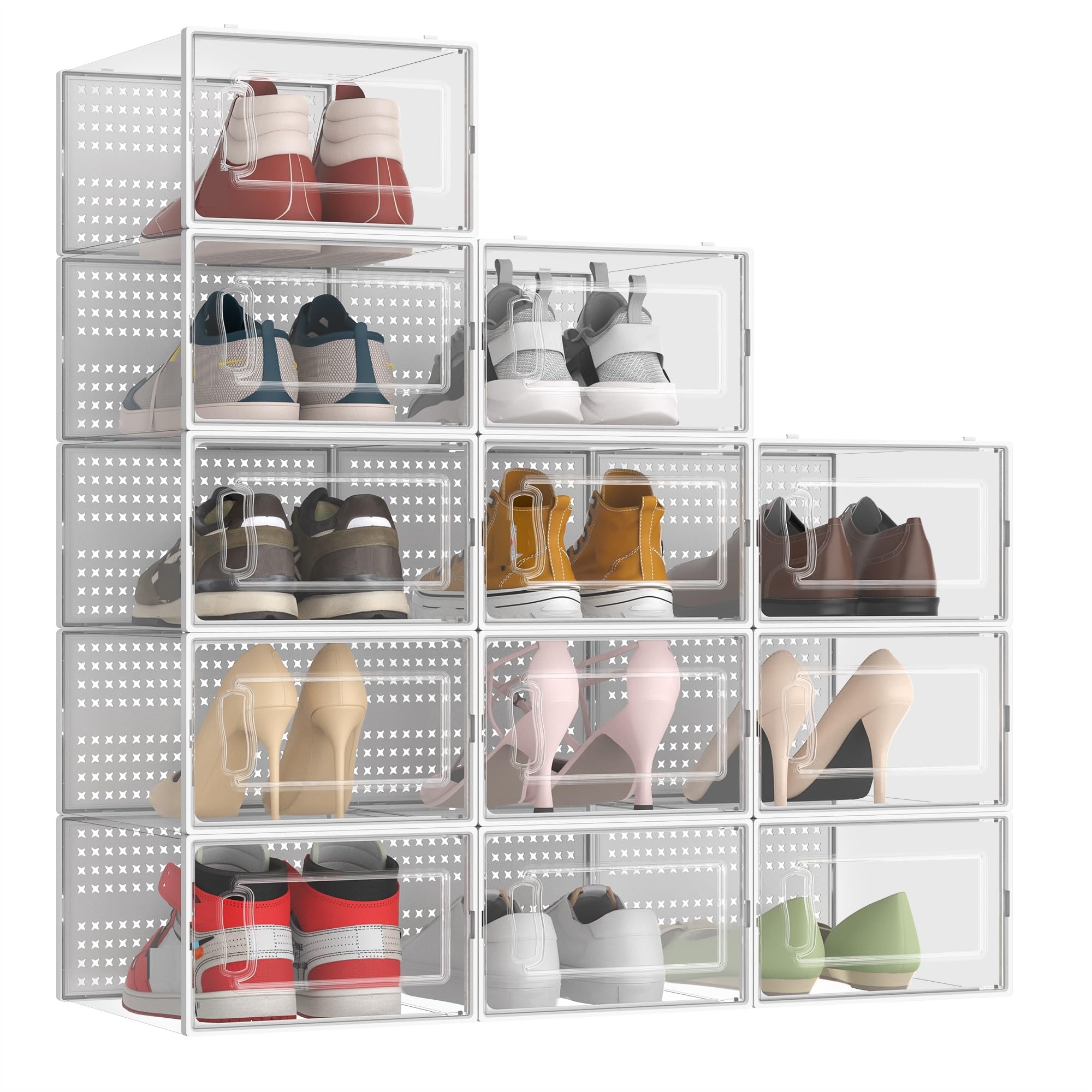 Photo 1 of 12 Pack XX-Large Modular Clear Plastic Stackable Shoe Storage Organizer for Closet, Space Saving Versatile Sneaker Shoe Rack Containers Bins Holders, Portable Closet Organizers and Storage, White