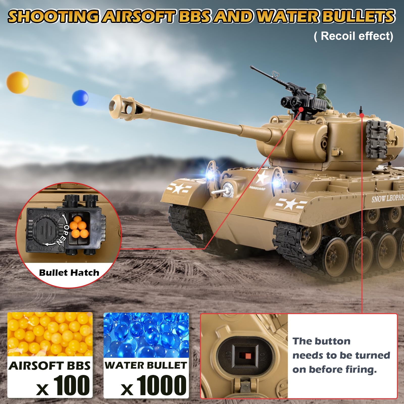 1:18 RC Tank, 2.4Ghz US M26 Pershing Remote Control Model Toys, RC Vehicle Army Tank That Shoots BBS and Water Bombs, Military Toy for Adults and Kids with Smoke, Lights, Sound and Recoil