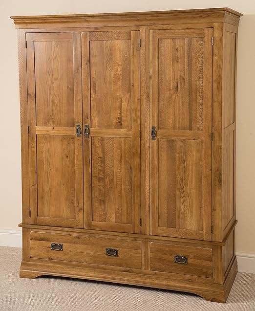 French Solid Oak Triple Door Wardrobe With Drawers Rustic Finish