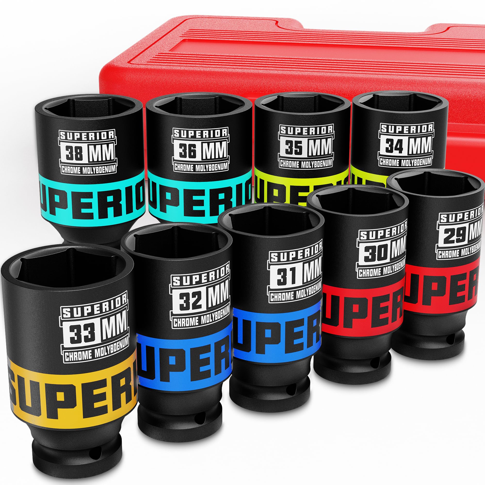 KIRXST 1/2 Inch Drive Impact Socket Set, 9 Piece Deep Sockets 29-38 mm, Metric Socket Set for Automotive Trucks Tractors Engines Repairing DIY Mechanic Tool