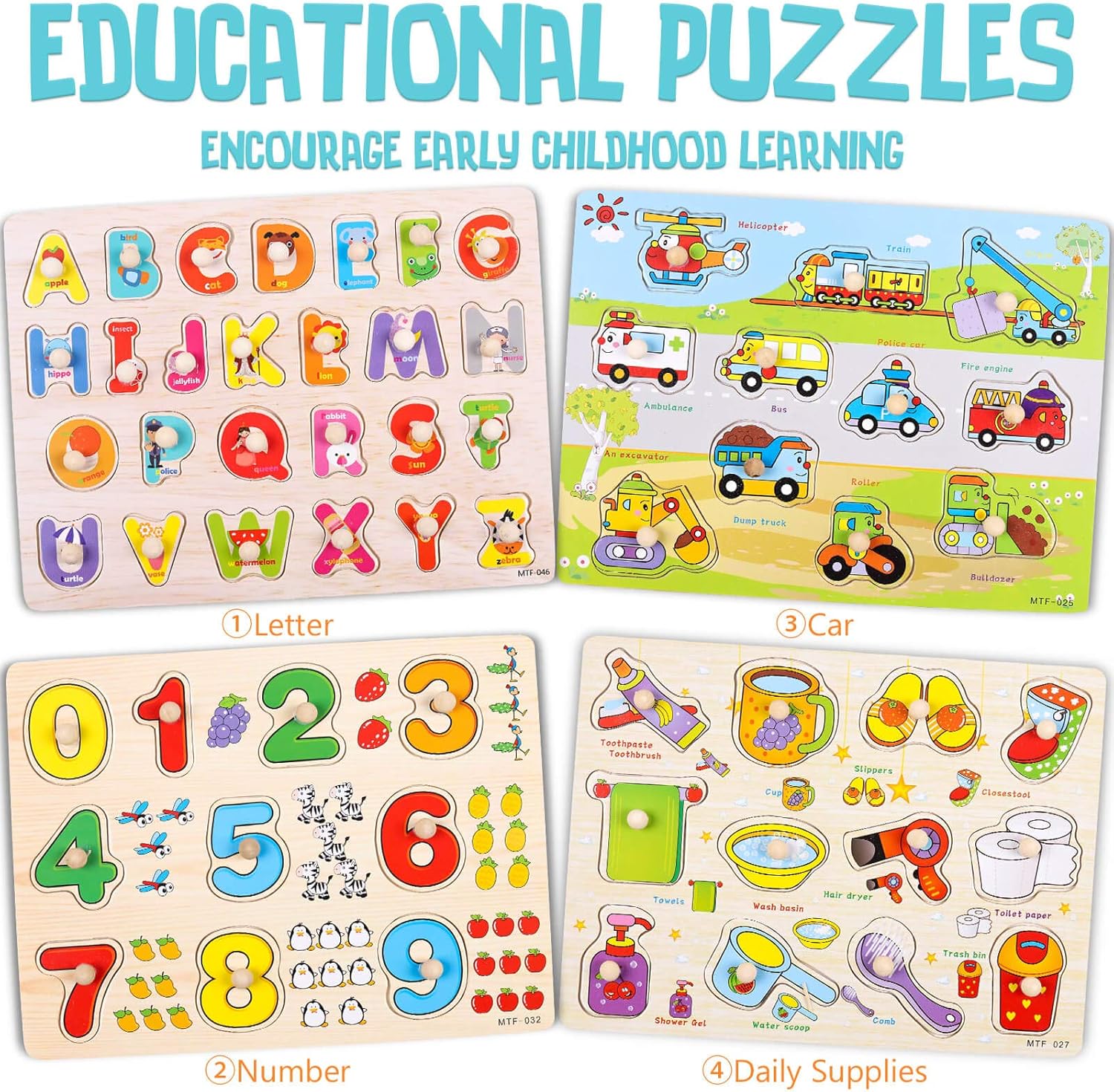 WADILE Wooden Toddler Puzzles for Kids Ages 1-5 Years Old, Wood Peg Puzzles Alphabet/Number/Animal, Knob Puzzles Learning Toys Educational Gift  for Girls and Boys: Toys & Games