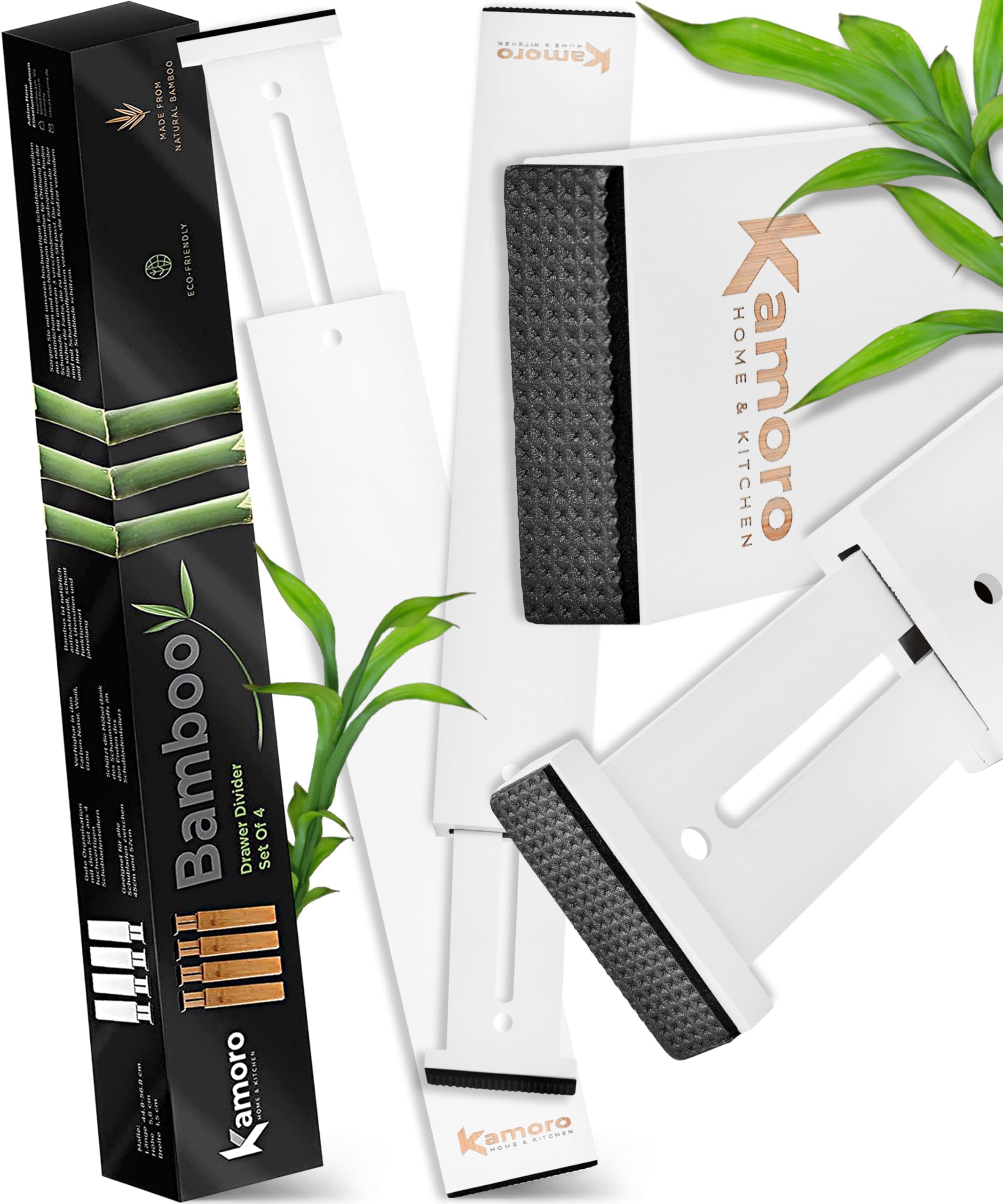 Kamoro Natural Bamboo Drawer Divider - With Spring for Firm Grip and Furniture Friendly Ends [Set of 4] - Adjustable Drawer Organiser Between 12 and 17 Inch (White)