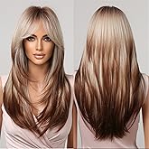 Aimole Women's Wig Long Layered Wig Brown with Blonde Highlights Synthetic Full Wigs 24 Inches (Blonde brown ombre)
