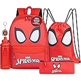 Marvel Spiderman Backpack 5 Pc Set for Kids, Bookbag, Drawstring Bag, Pencil Case, Water Bottle Keychain, School Supplies, Gifts for Boys (Red Spiderman)