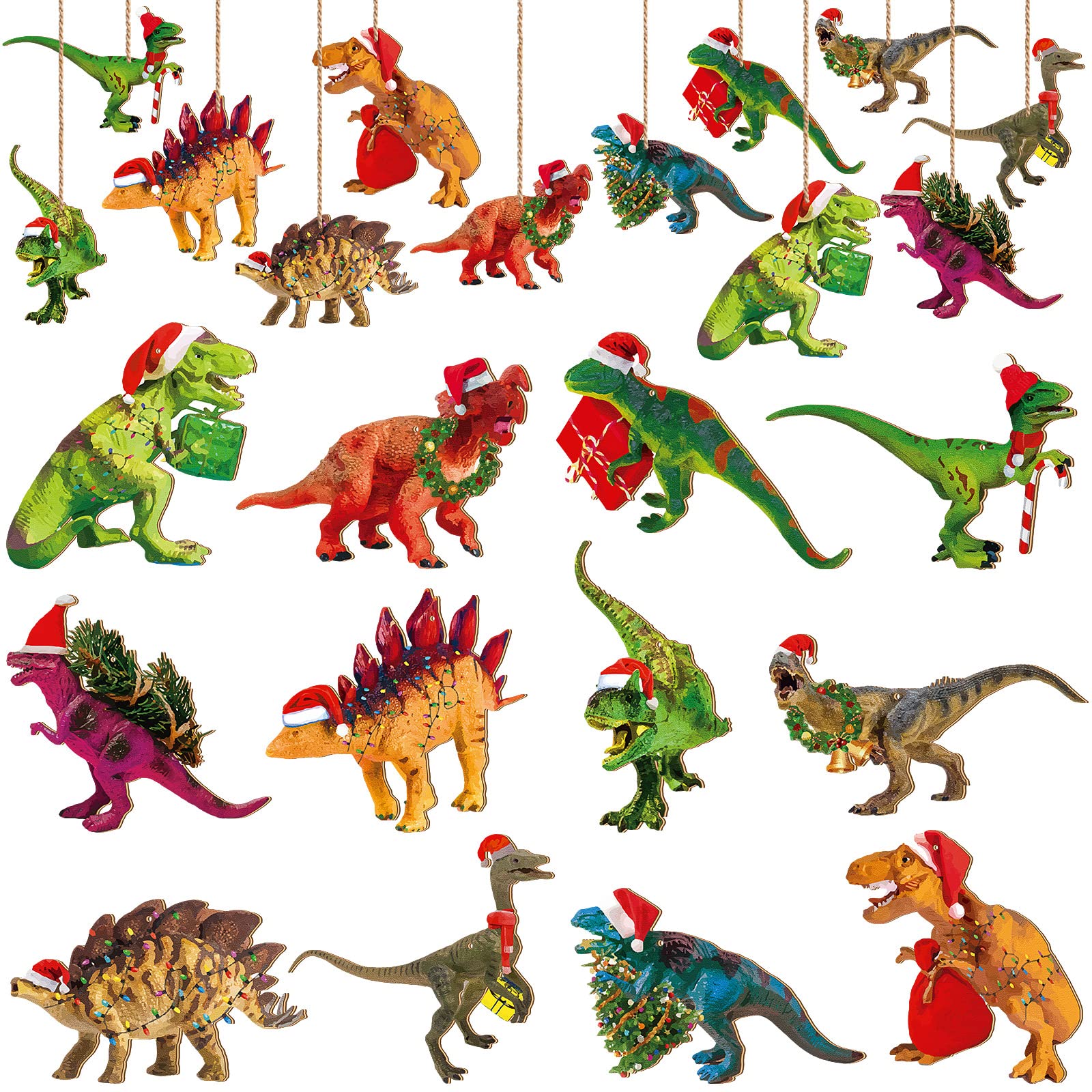View 1 of ***POSSIBLY MISSING PIECES *** Glenmal 24 Pieces Christmas Dinosaur Penguin Farm Ornaments Set Hanging Animal Ornament with Rope Wood Tree Decor Christmas Tree Themed Birthday Party Favors(Dinosaur)