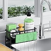 DYFVREN Self-Draining Kitchen Sink Caddy, Rustproof Non-Slip Metal Sponge Holder with Detachable Dish Cloth Holder (Black)