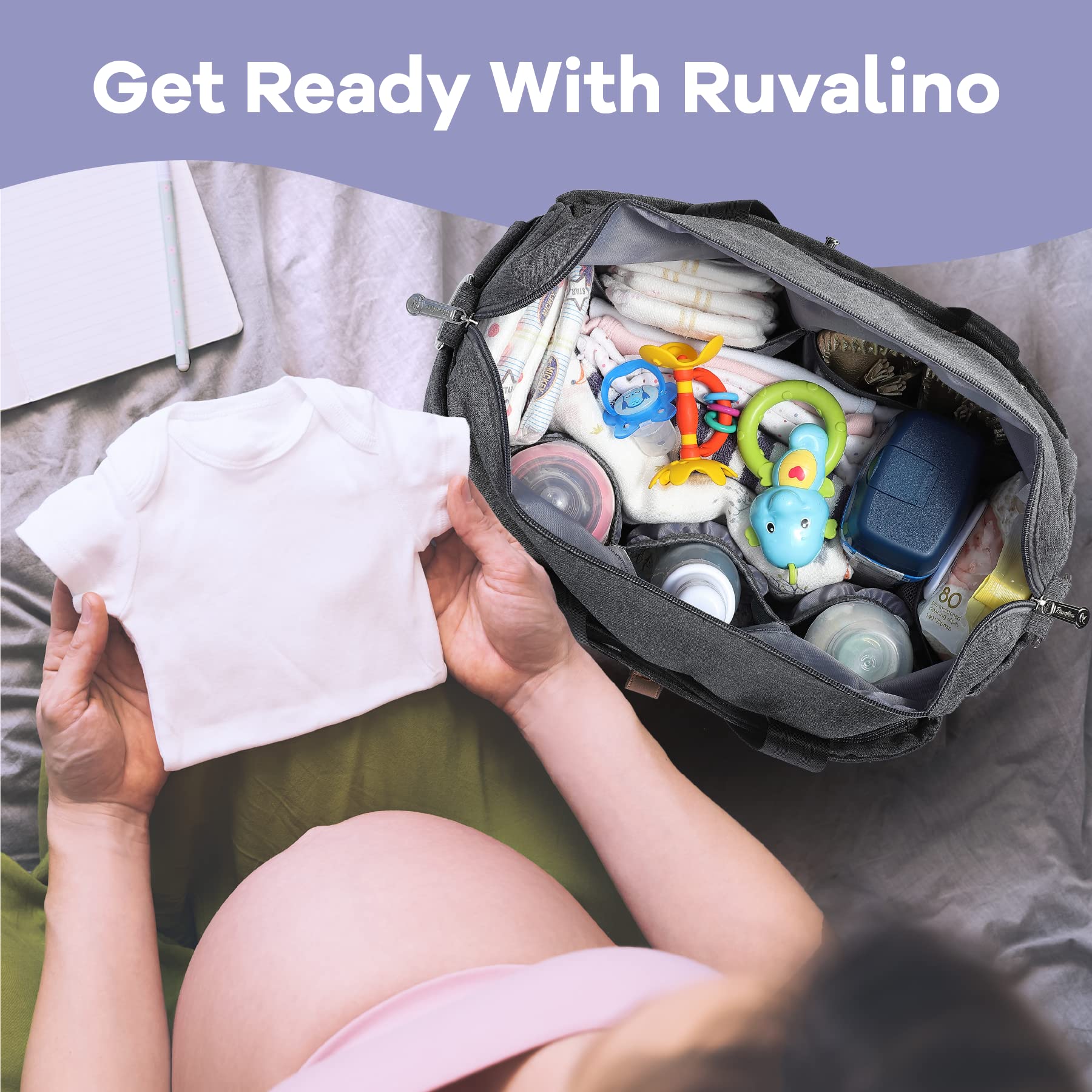 RUVALINO Diaper Bag Tote, Hospital Bags for Labor and Delivery, Multifunction Large Travel Weekender Overnight Bag for Mom and Dad, Convertible Baby Bag for Boy and Girls Gray