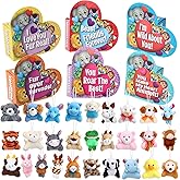 28 Packs Valentines Day Animal Plush Toy with Heart Boxes for Kids, Mini Stuffed Animal Keychain Bulk for Girls Boys Valentine's Classroom Gift Exchange, Classroom Prize Party Favor
