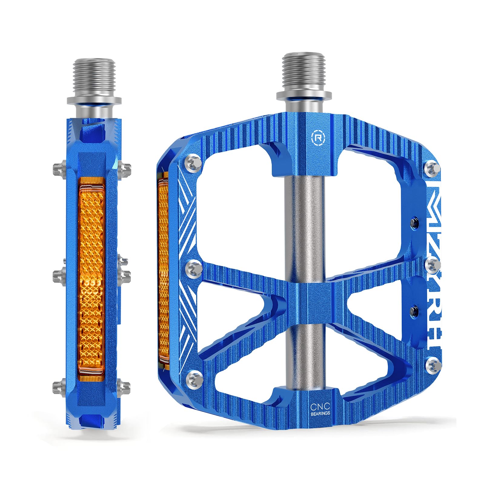 MZYRH MTB Mountain Bike Pedals with Reflectors, Aluminium Alloy Non-Slip 9/16 Inch Bicycle Pedals with 3 Bearings for Mountain Bike, Road Bike, MTB (Blue)
