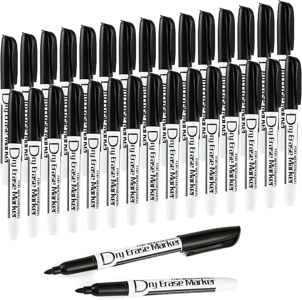 Volcanics Dry Erase Markers Whiteboard Pens Fine Tip Pack of 30 Black White