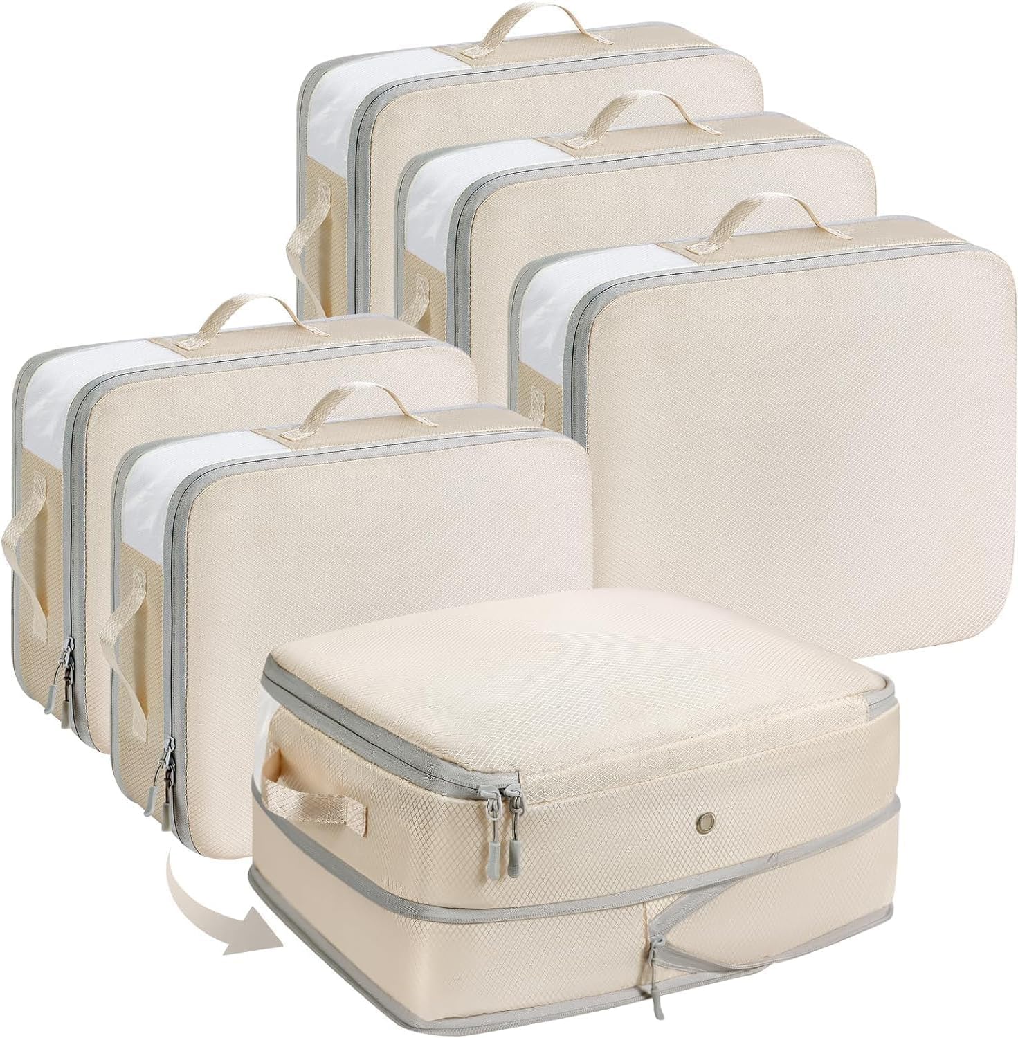 Homsorout Ultra Space Saving Compression Organisers - Set of 6, Large Capacity Expandable Storage Bags for Bedding & Clothing Packing Cubes with Clear Window, Beige