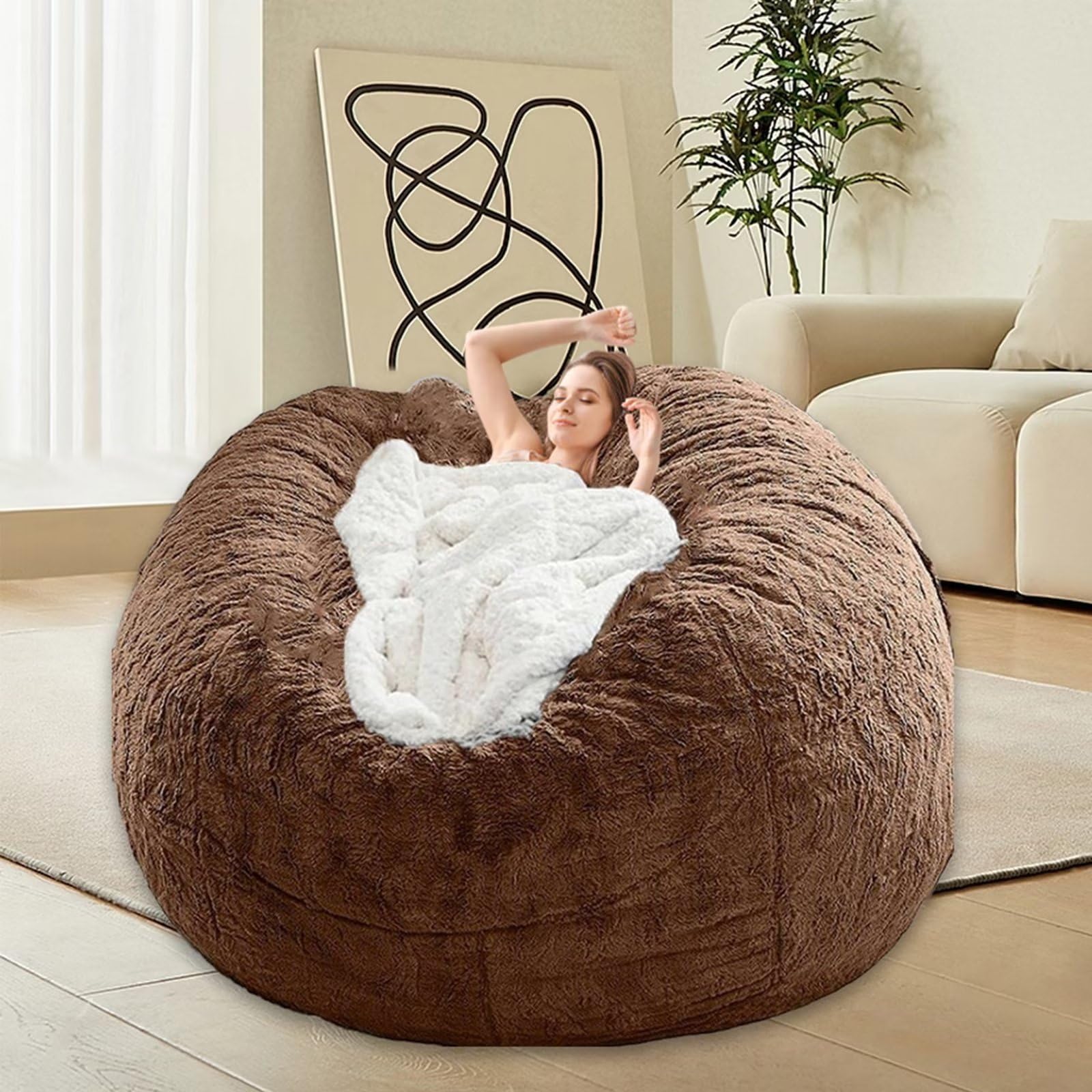 Photo 1 of HDMLDP Bean Bag Chair Cover for Kids Adults Without Filling Comfy Giant Round Lazy Sofa Covers for Bedroom Living Room, 7FT, Brown