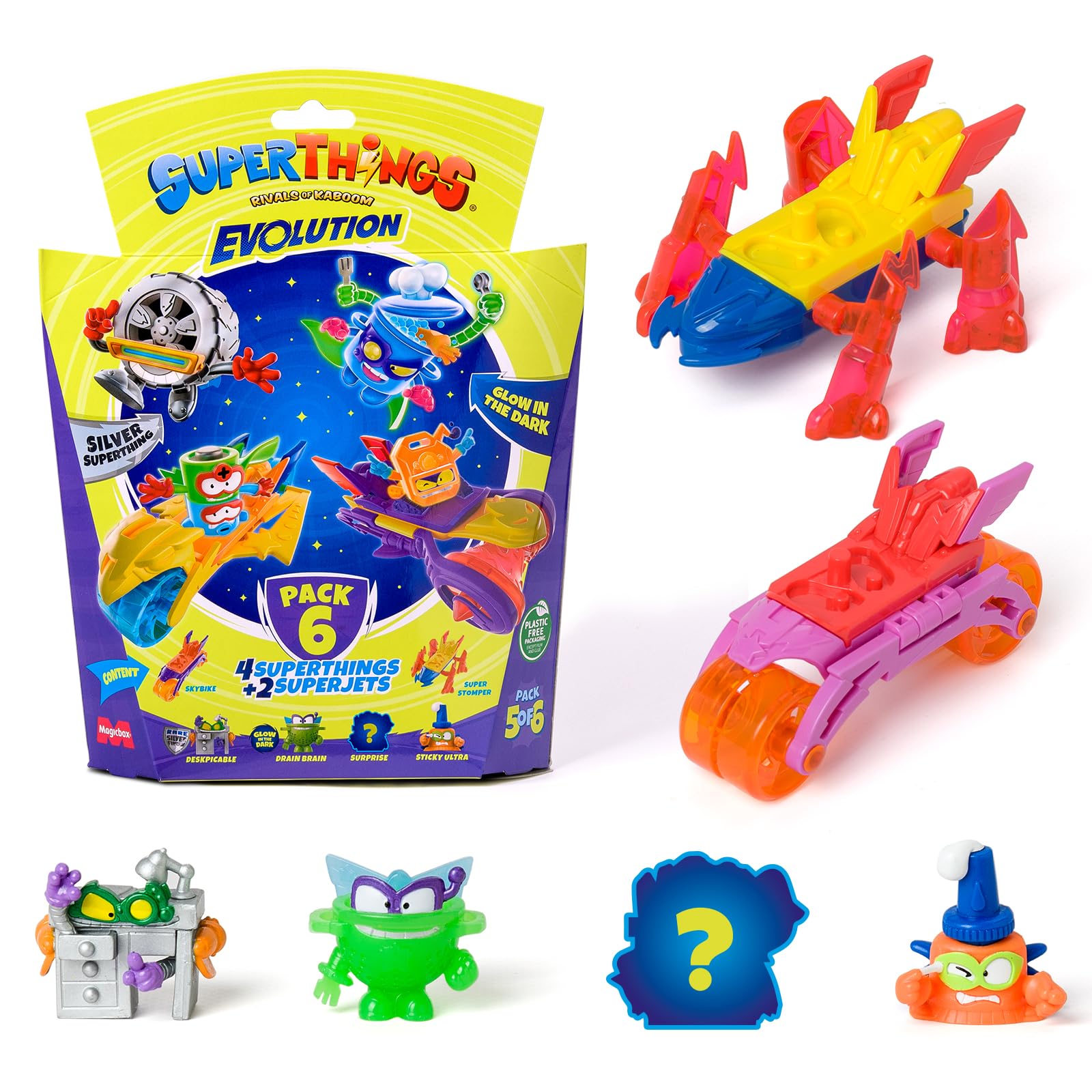 SUPERTHINGS Evolution series – Pack of 6. Includes 4 SuperThings (1 silver captain) and 2 Superjets. Pack 5 of 6