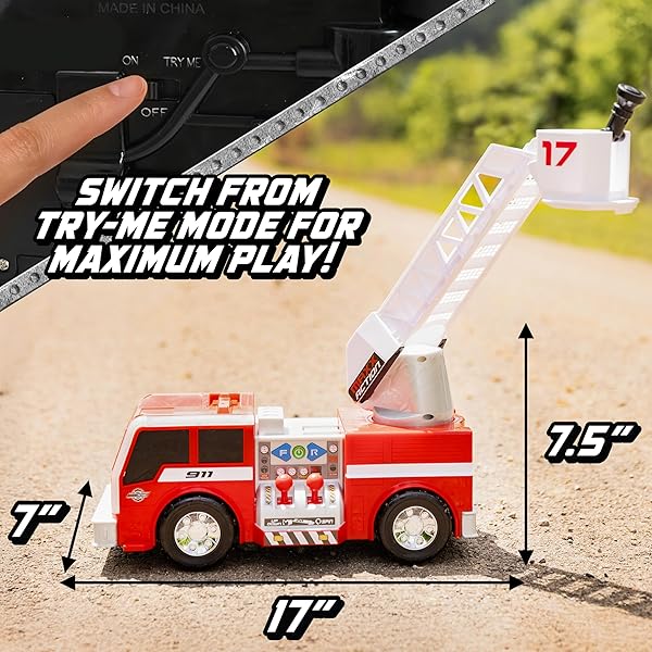 MAXX ACTION 2-N-1 FIRETRUCK WITH JOYSTICK CONTROLS, LIGHTS, SIREN SOUNDS, MOTORIZED MOVEMENT, AND 360° SPINNING LADDER – 16-INCH RESCUE TOY VEHICLE FOR KIDS