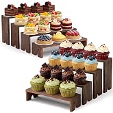Nyamofly 2 Set Wooden Cupcake Stand for Decor, 4 Tiered Display Risers | Farmhouse Decor Wood Dessert Table Display Set, Wooden Cupcake Display Stand for Party, Vendor Events, Dark Brown