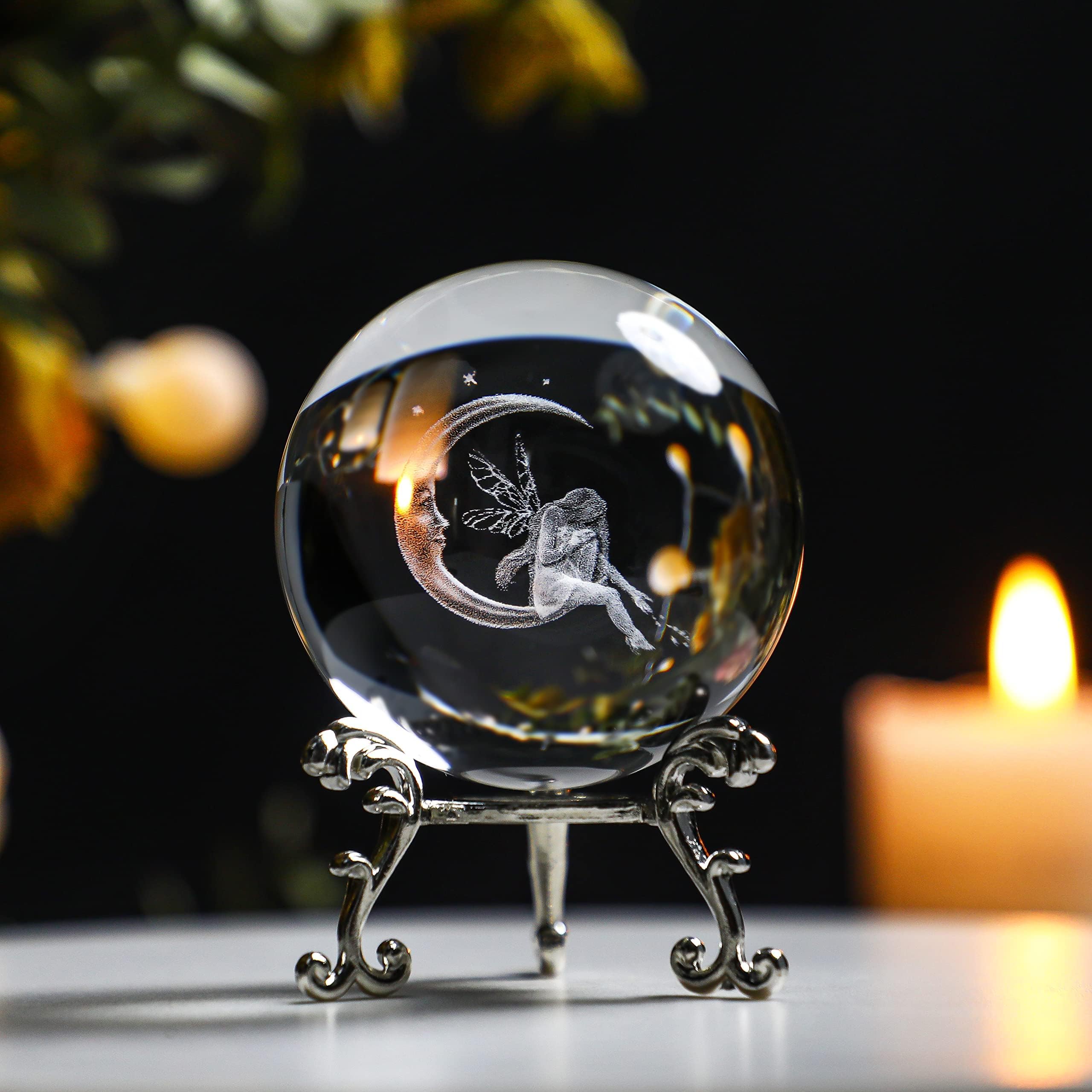 ZEERSHEE 60mm 3D Crystal Ball with Stand Glass Laser Moon and Fairy Glass Ball Ornament Crystal Paperweights Figurine Home Art Decor Crafts Gifts for Women