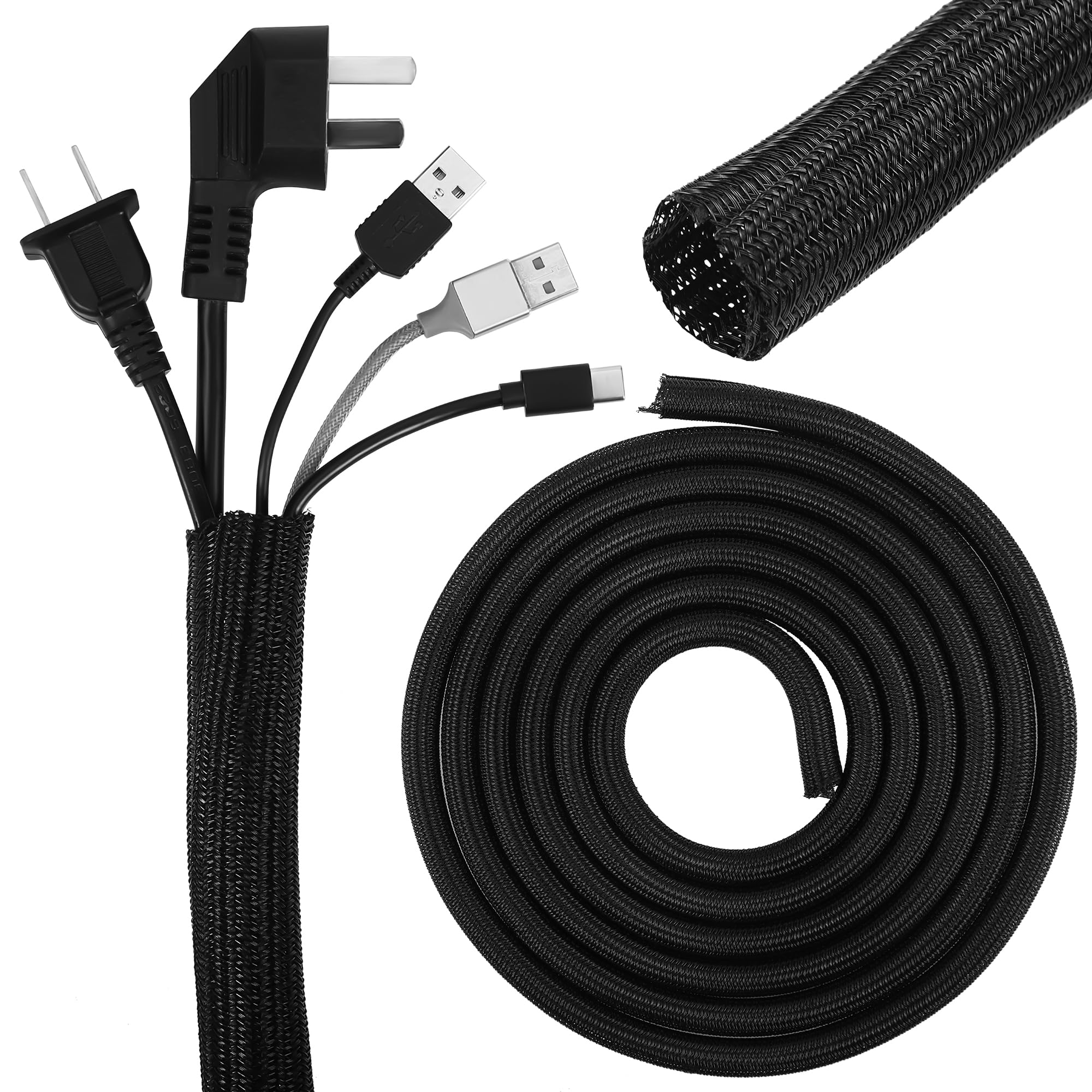 3m Cable Tidy Sleeve, Self-Wrapping Cable Sleeve Extensible Dia 13-16MM, Flame-retardant Black Cable Trunking, Flexible Cable Protector Animal Proof, Thick Cable Wrap Wire Tidy for Cable Management