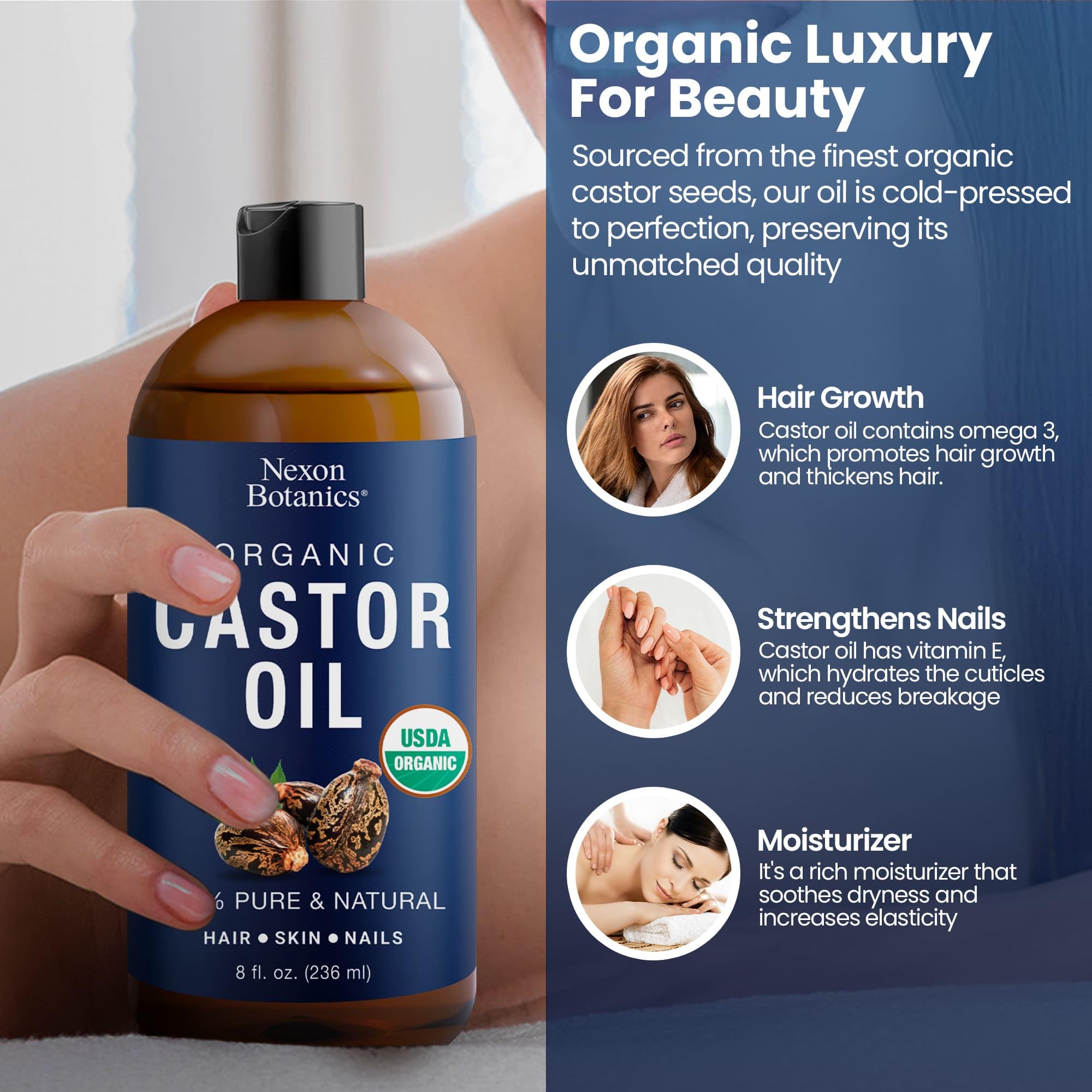 Organic Castor Oil for Hair Growth 8 fl oz - Cold Pressed, Unrefined Castor Oil for Skin, Hair, Eyelashes, Eyebrows, and Body - Aceite De Ricino Organico