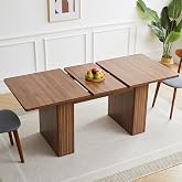 55 in&ndash;71 in Extendable Rectangular Dining Table for 4&ndash;6, Modern Farmhouse Expandable Kitchen Table with Carved Line Base, Wooden Dinner Table for Kitchen Living Room Home Office (Walnut)