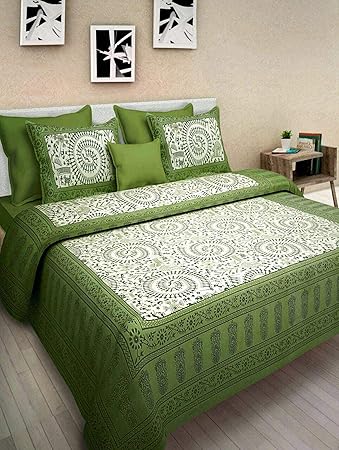 Jaipur to Home Cotton Comfort Rajasthani Jaipuri Traditional King Size 1 Double Bedsheets with 2 Pillow Covers_P85-Green