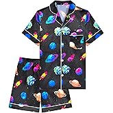 PASHOP Boys Pajamas Boys Satin Pajamas Set Summer Short Sleeve Button-Down & Shorts Pjs Kids Boy Silky Pajama Size 8-14