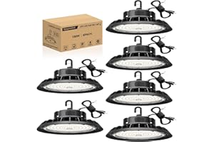 JC-LGL UFO LED High Bay Light 150W 6 Pack, High Bay LED Shop Light 22,500LM 0-10V Dimmable, 5' Cable with US Plug, Hanging Hook, Safe Rope, ETL Listed High Bay Light for Warehouse Factory Barn Shop