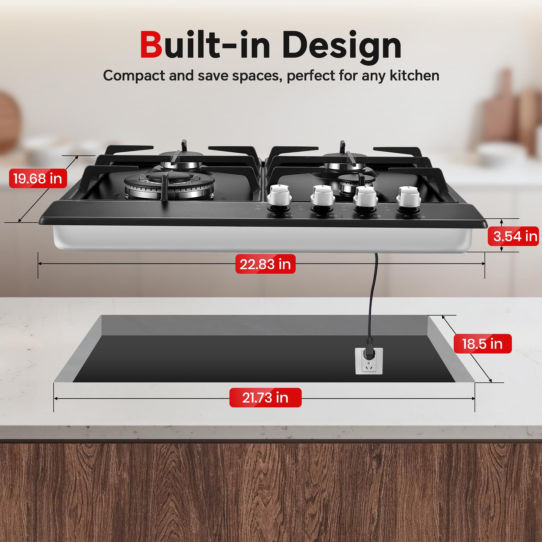 Gas Stove Top 24 inch Eascookchef, 24 inch Gas Cooktop 4 Burner, Bulit-in Stove Top NG/LPG Convertible, Upgrade Black Enamel Propane Cooktop with Thermocouple Protection