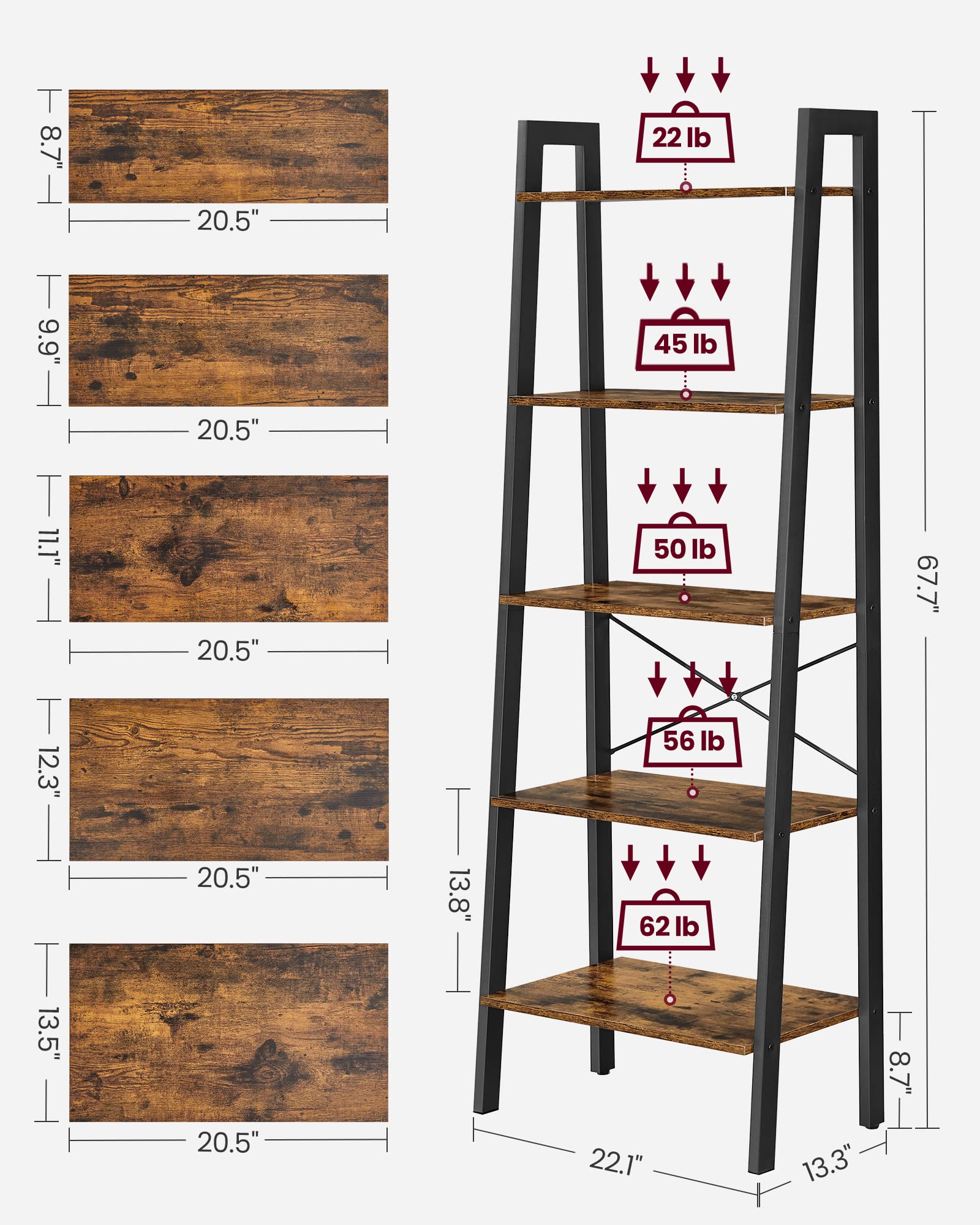 VASAGLE Ladder Shelf, 5-Tier Bookshelf, Storage Rack, Bookcase with Steel Frame, for Living Room, Home Office, Kitchen, Bedroom, Industrial Style, Rustic Brown and Ink Black ULLS45X