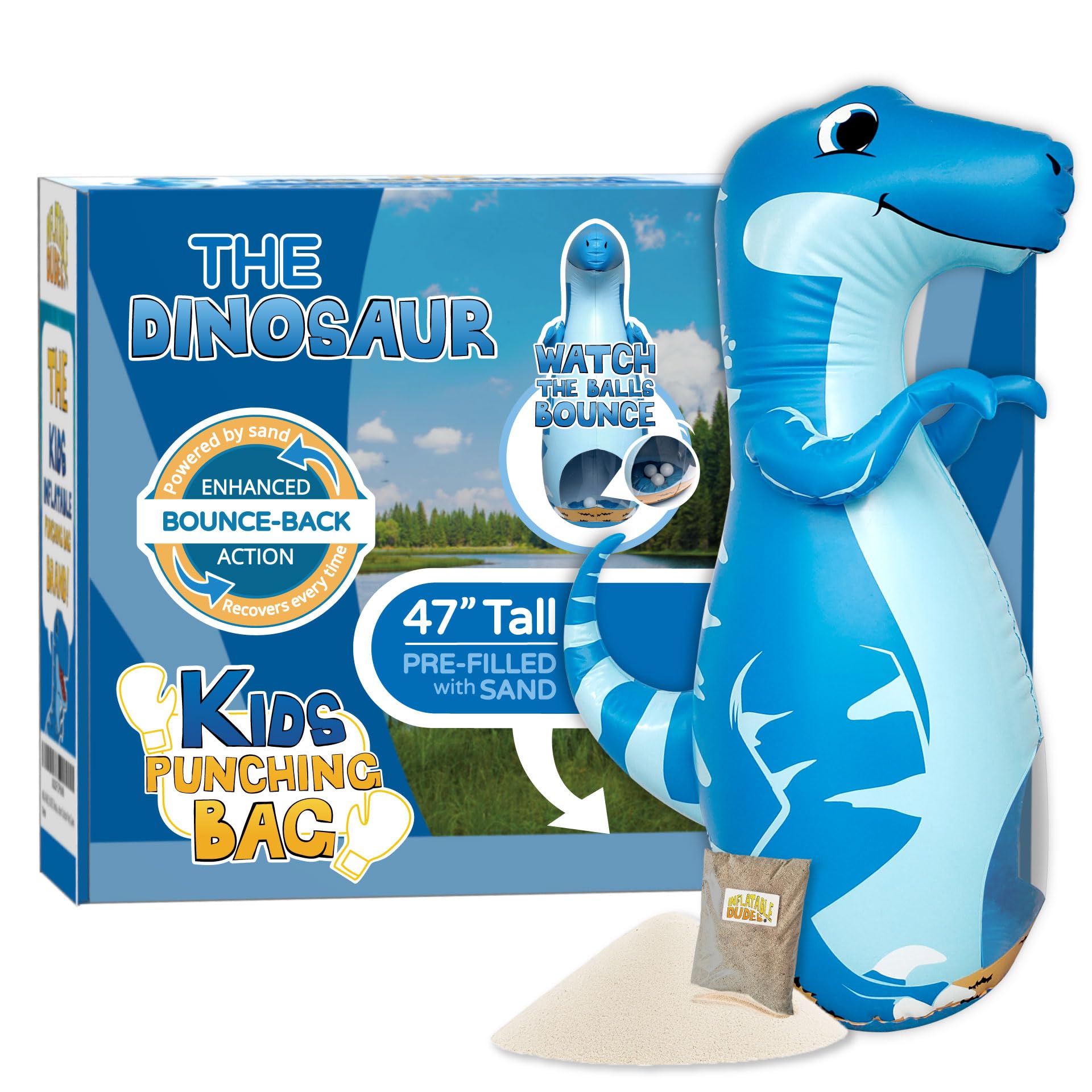 Photo 1 of INFLATABLE DUDES Dinosaur Toy 47 Inches - Kids Punching Bag | Already Filled with Sand| Bop Bag | Blue Velociraptor| Punching Bag for Kids | Dinosaur Birthday Decorations | 3 White Balls Inside- (Vee)