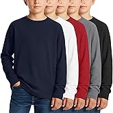 LessonZoo 5 Pack Boy's Long Sleeve Shirts, Waffle Knit Crew Neck Tops T-Shirts Basic Layer Undershirts 5-14 Years Kids