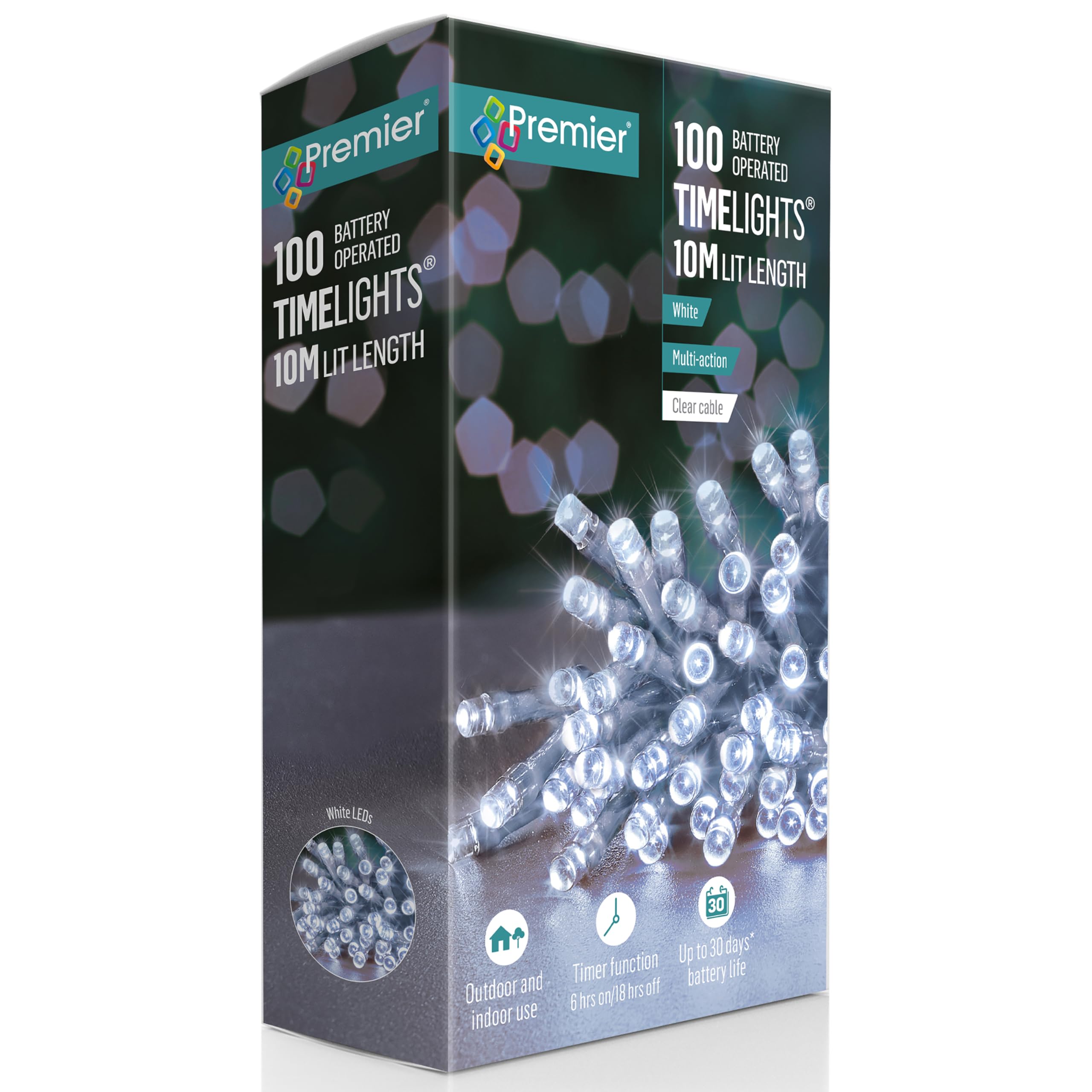 Premier 100 Battery Operated Timelights, 10m Lit Length, White LEDs, Clear Cable, Multi-Action with Timer Function, Indoor and Outdoor Use