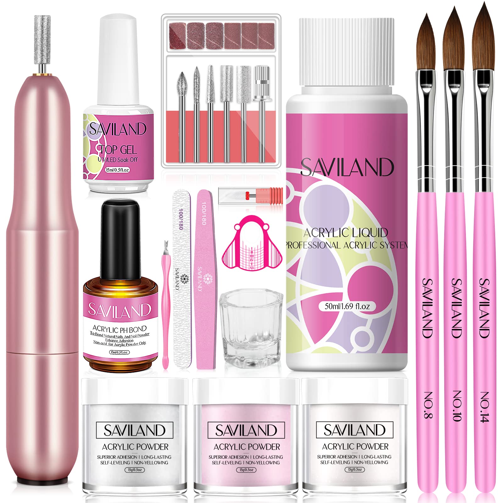 Saviland Acrylic Nail Kits Full Set for Beginners: Pink White Clear Colors Acrylic Powder Monomer Electric Nail Drill Nail Bond Primer Top Gels for Home Salon