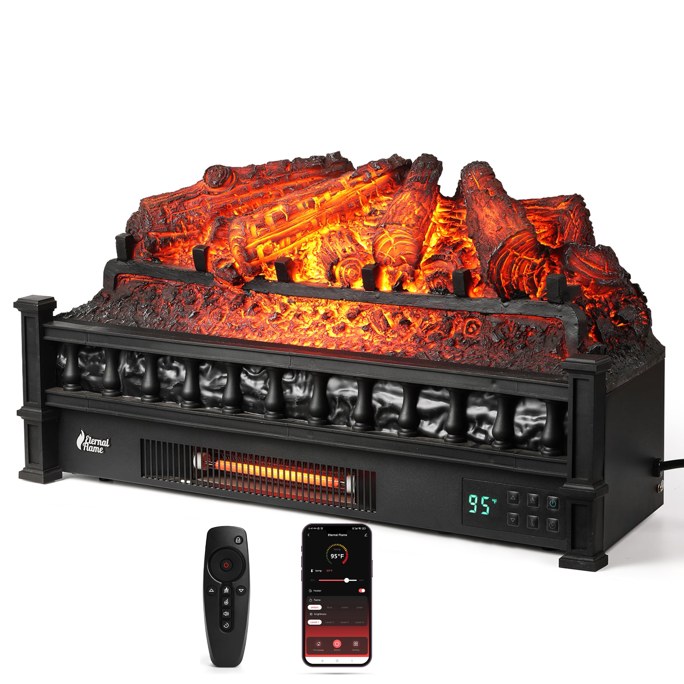 TURBRO Eternal Flame 26 in. WiFi Infrared Quartz Electric Fireplace Log Heater with Sound Crackling, Realistic Pinewood Logs, Adjustable Flame Colors, Remote Control, Thermostat, Timer, 1500W Black Image