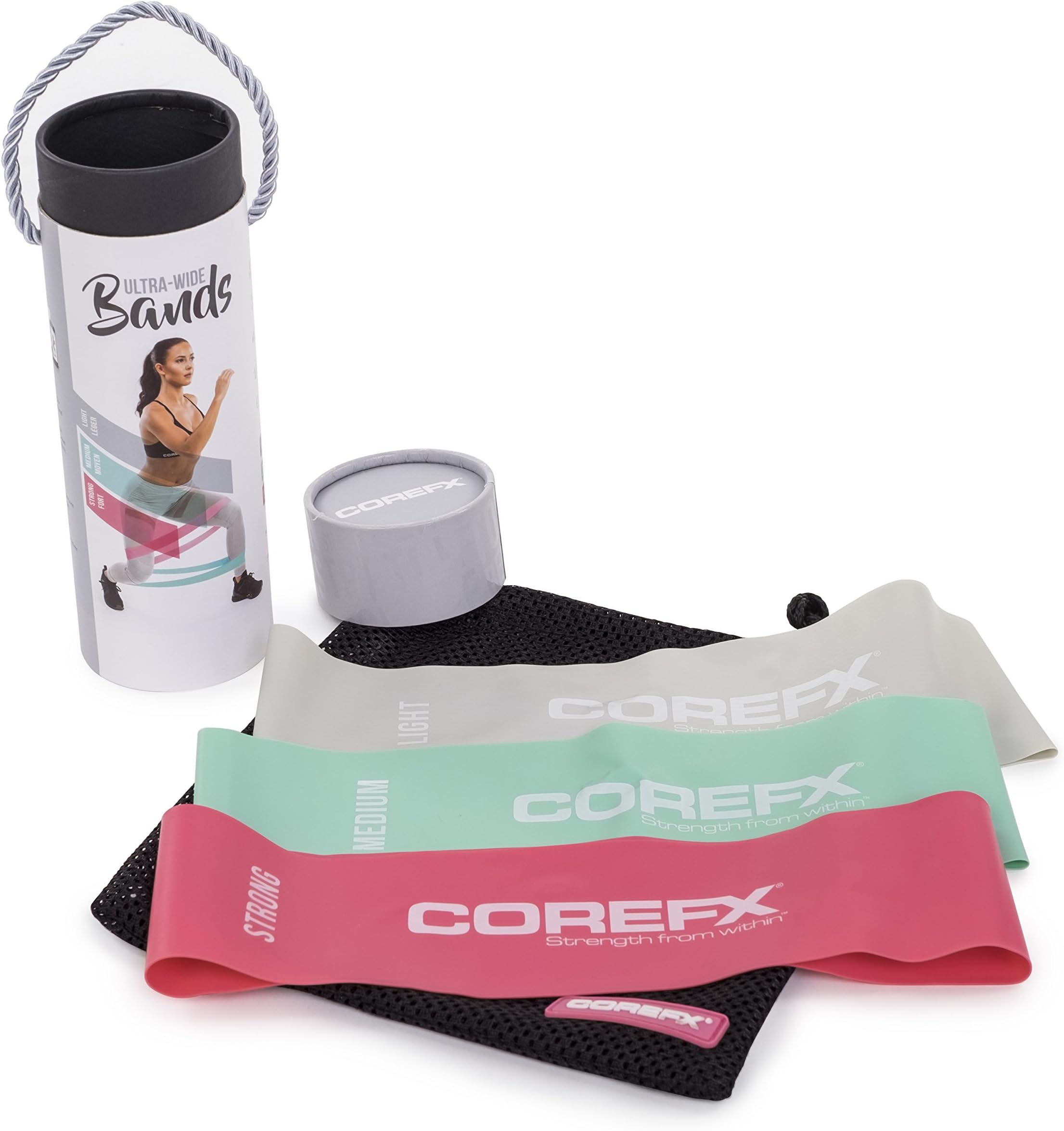 COREFX Ultra-Wide Band Set - 3 Wide Resistance Band Loops - Extra Width Prevents Slipping and Rolling – 3 Levels of Resistance - 3 Bands, Carry Bag and Virtual Training Guide Included