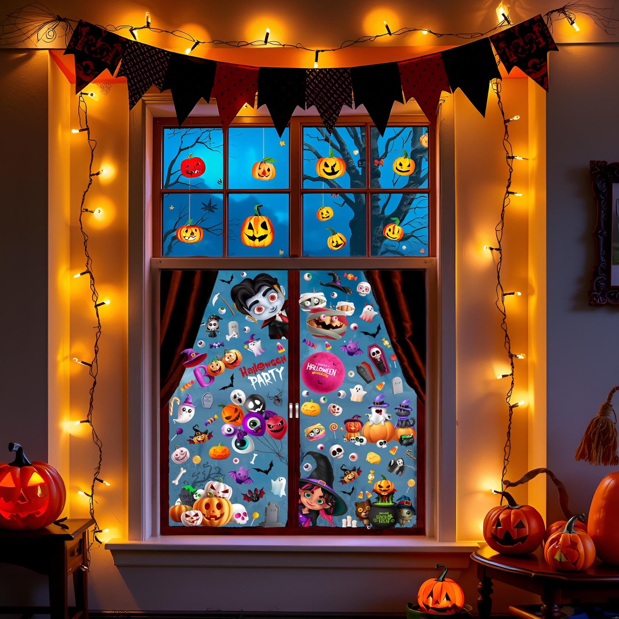 Spooky Halloween Window Clings Decals - 133 Pack Pumpkin Ghost Bat Decor Static Stickers - 8x10 Inch, Reusable & Waterproof for Glass (Fall Decorations)