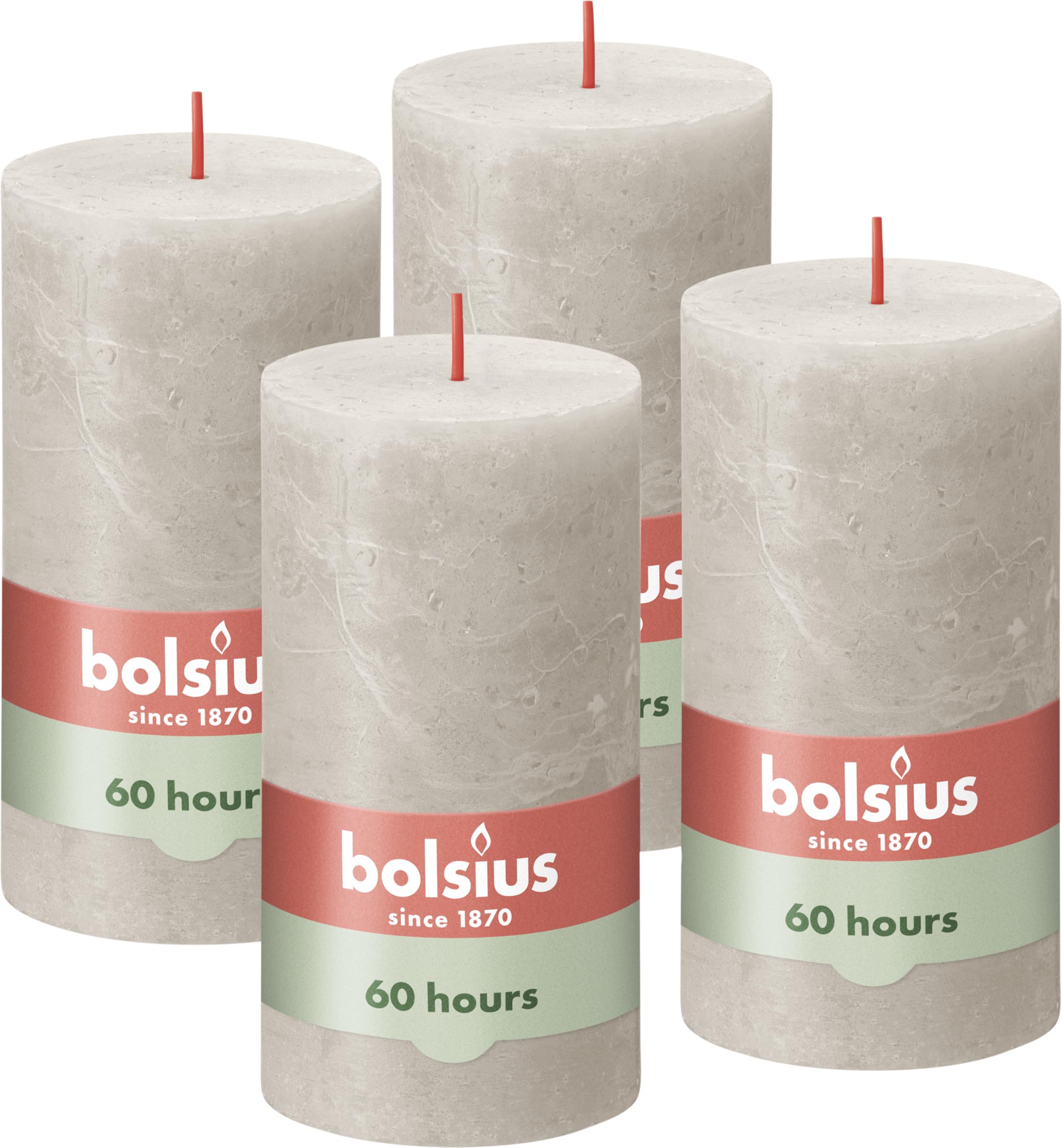 Bolsius Rustic Pillar Candle - Light Grey- Pack of 4 - Long Burning Time of 60 Hours - Household Candle - Interior Decoration - Unscented - Includes Natural Vegan Wax - No Palm Oil - 130 x 70 mm