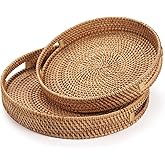 Round Rattan Tray, Hand Woven Serving Tray with Handles, Wicker Serving Basket, Decorative Tray for Home Decor, Natural (11.8 + 14 inch)