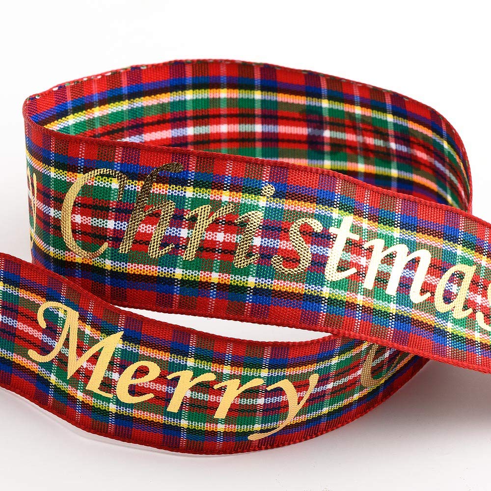 Italian Options Merry Christmas Tartan Check Ribbon, Scottish Christmas Ribbon for Crafts, Gift Wrapping, Wreaths, Tree Decorations, Hair Bows, Tartan Red, Gold Foil, 25 mm x 10 Metre Roll
