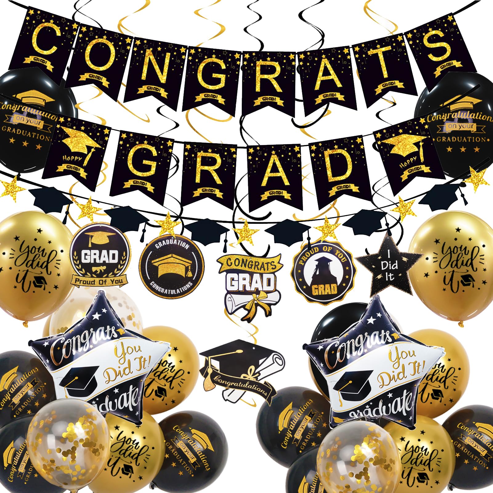 Graduation Decorations Class of 2026, 12Pcs Black and Gold balloons with Swirl and Garland Congrats Grad 2026 Banner for College High School Graduation Party Supplies