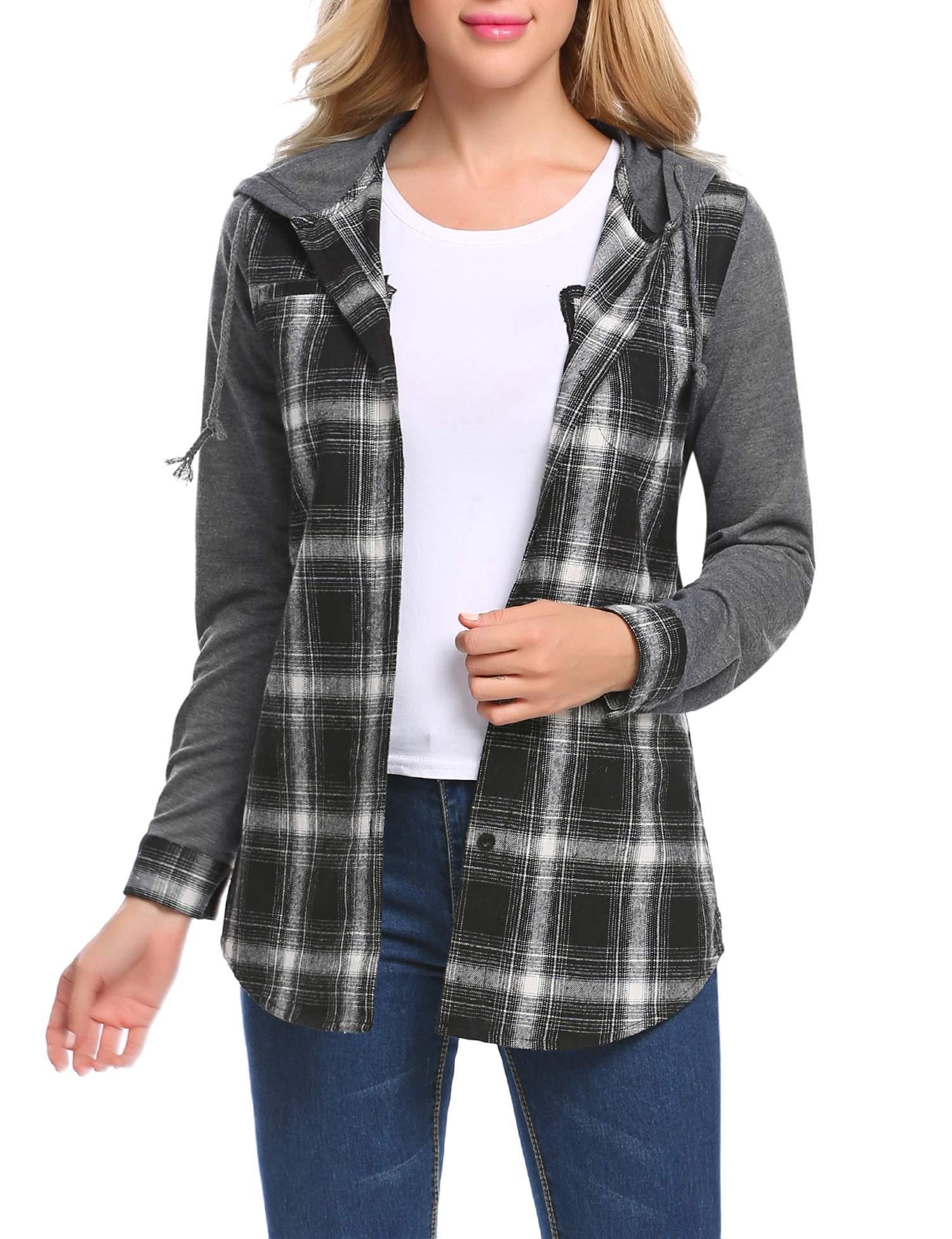 Billti Womens Casual Long Sleeve Plaid Button Hooded Shirt