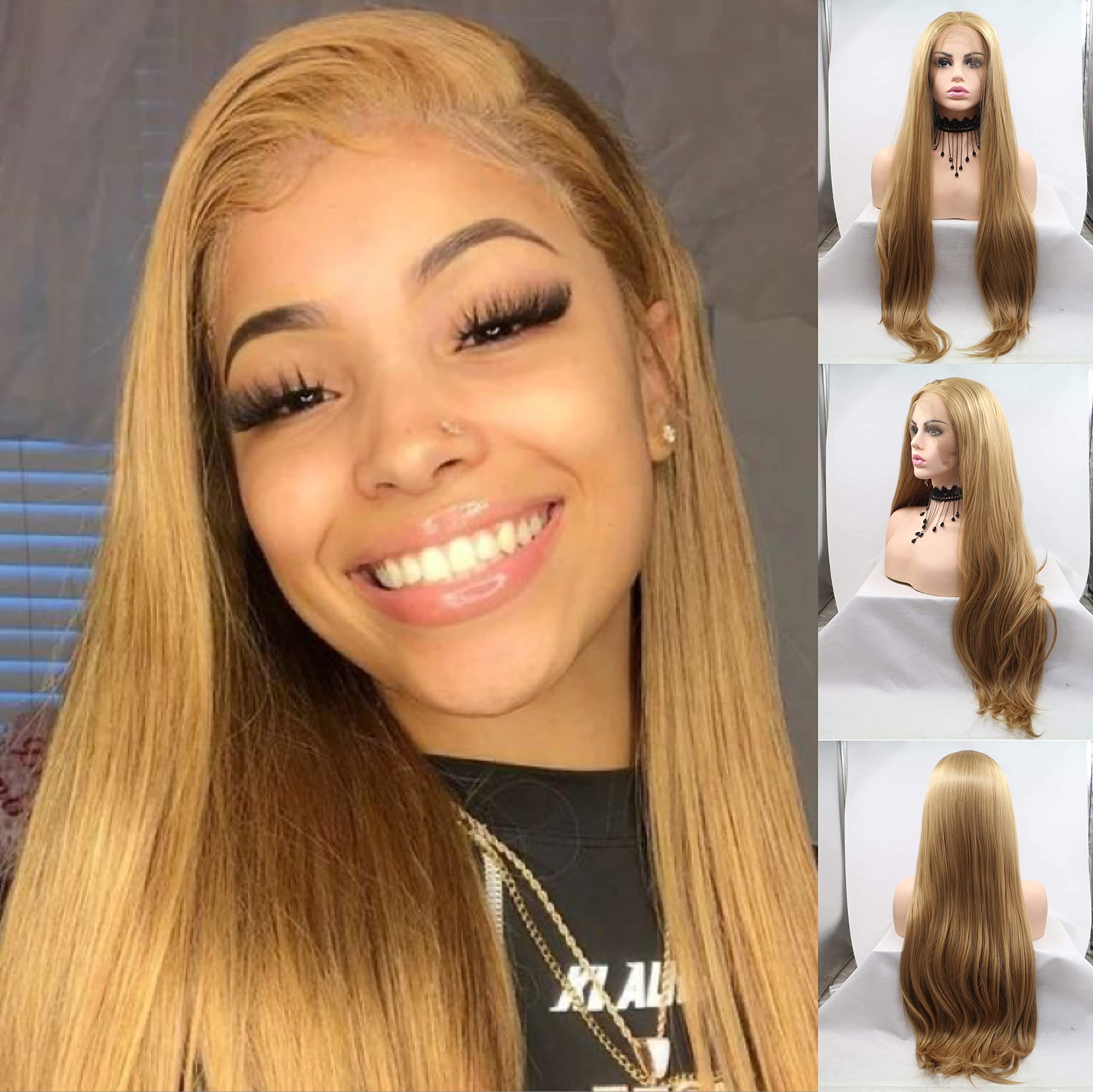 Long Straight Gold Blonde Synthetic Lace Front Wigs Hair Long Soft Wig Hair Replacement Wig for Women (24 Inch, Gold blonde/lace front wig)