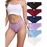 Oegho Women's Cotton Thong Underwear - Breathable No-Show Lace Trim Panties, Soft Strench Comfort 6 Pack S-XL