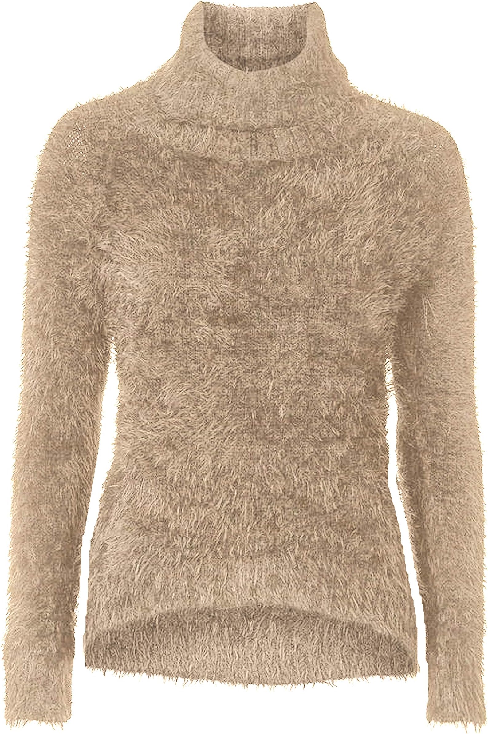 Women's Girls Stretch Bodycon Polo Roll Neck Fluffy Long Sleeve Top Sweater Ladies Jumper Free Size 10-18