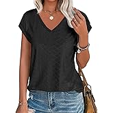 Imily Bela Womens V Neck T-Shirt Summer Cap Sleeve Dressy Casual Tops Eyelet Embroidered Fashion Tees