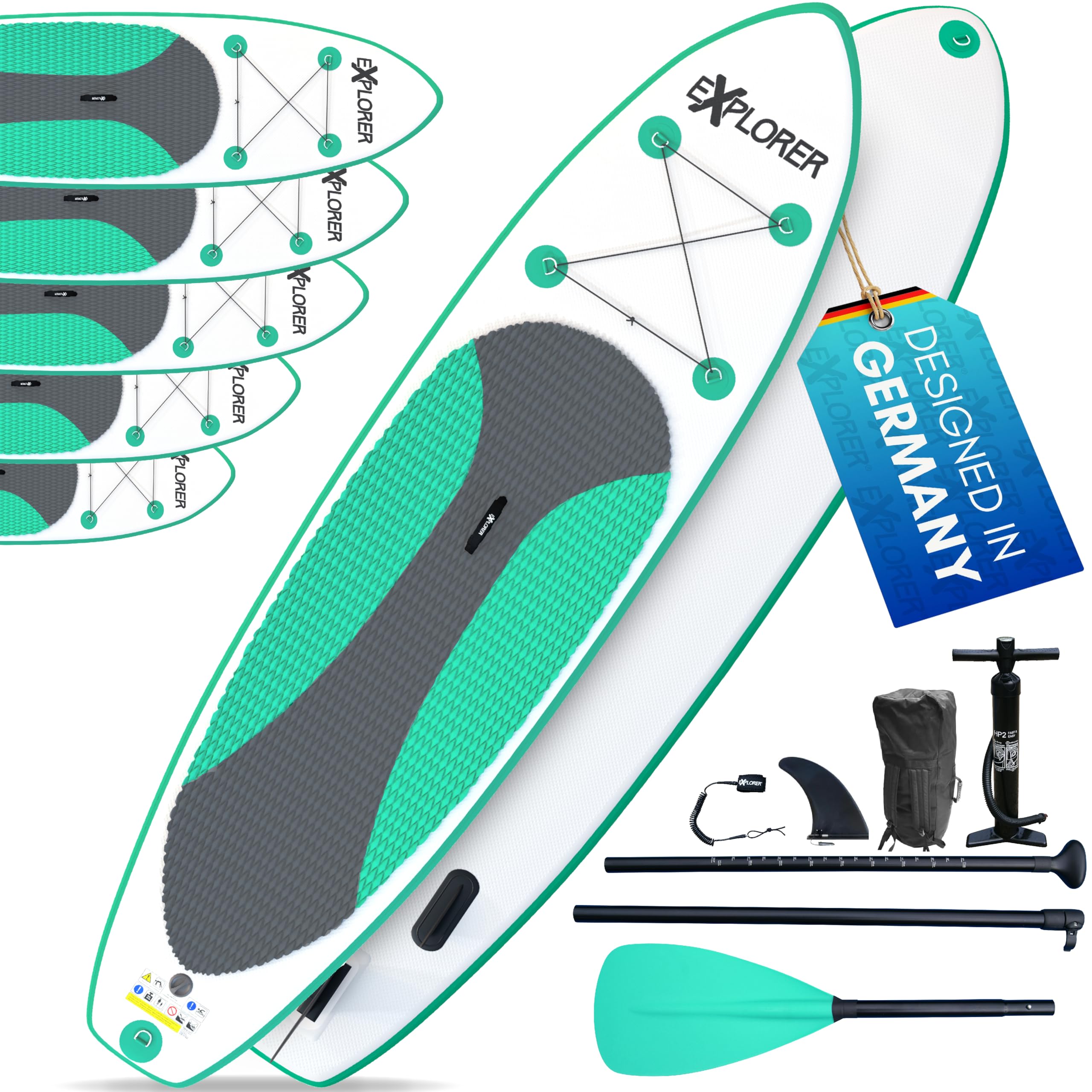 EXPLORER Stand Up Paddling Board Mint 300x76x15cm 115kg Komplettset mit Alu-Paddel, Rucksack, Pumpe, Finne und Flickenset
