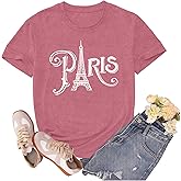 sallrue Paris Shirts for Women Travel in France T-Shirts Paris Vacation Shirt Eiffel Tower Bonjour Tee Tops
