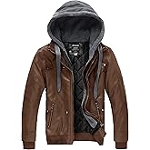 wantdo Men's Faux Leather Jacket with Removable Hood Motorcycle Jacket Casual Warm Winter Coat