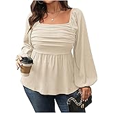Floerns Women's Plus Size Square Neck Lantern Long Sleeve Ruffle Hem Peplum Blouse Top