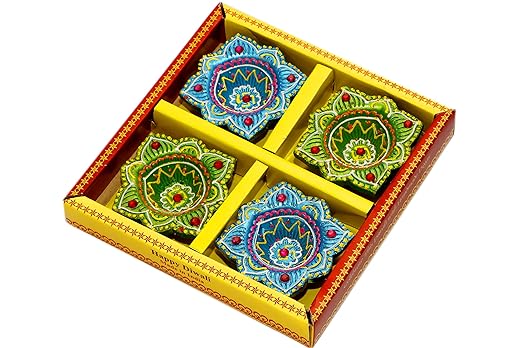 Teracotta Multicolour Diya by Sandhaya Mobile Shop |Diya for Puja|Teracotta Diya|Terracotta Diya for Diwali|Clay Diya Set of 4 (Each Diya Size 8 cm X 8 cm X 4 cm) in Box